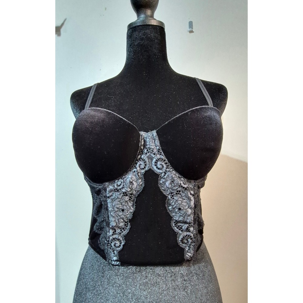 Victoria's Secret Black Velvet Silver Lace Bustier Corset Top 36B Underwire
